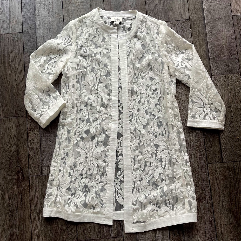 Neiman Marcus Kimono White Lace floral Coverup Cottage-core Jacket Cotton Small